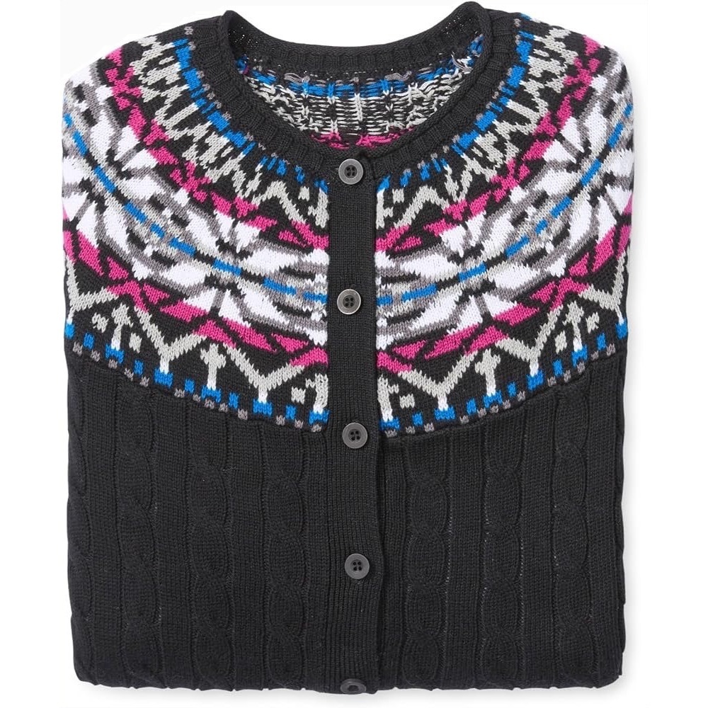 Woman Within Black Fair Isle Cable Knit Cardigan Sweater Plus Size 22/24 1X NEW